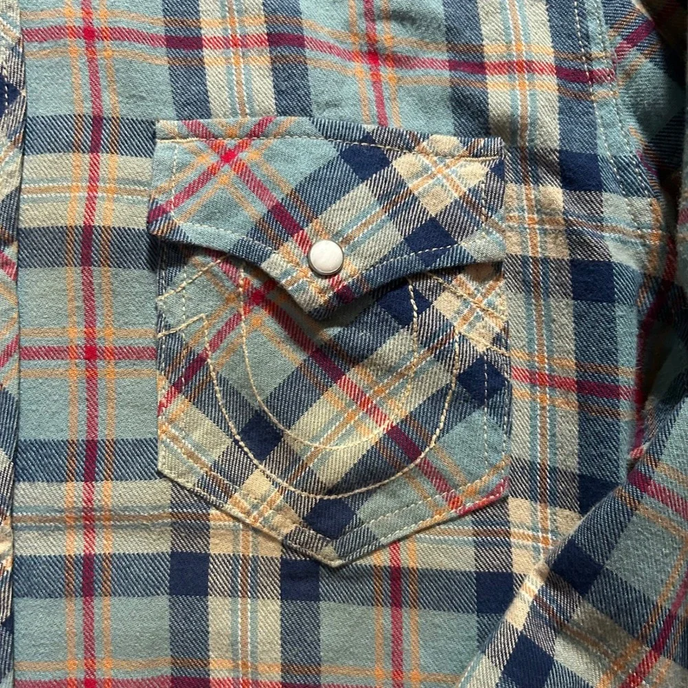 True Religion Western Shirt Mens XL Blue Plaid Flannel Pearl Snap MP4BV92VR